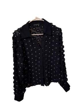 Adrianna Papell Navy Sheer Floral 3D Appliqué Button-Down Blouse